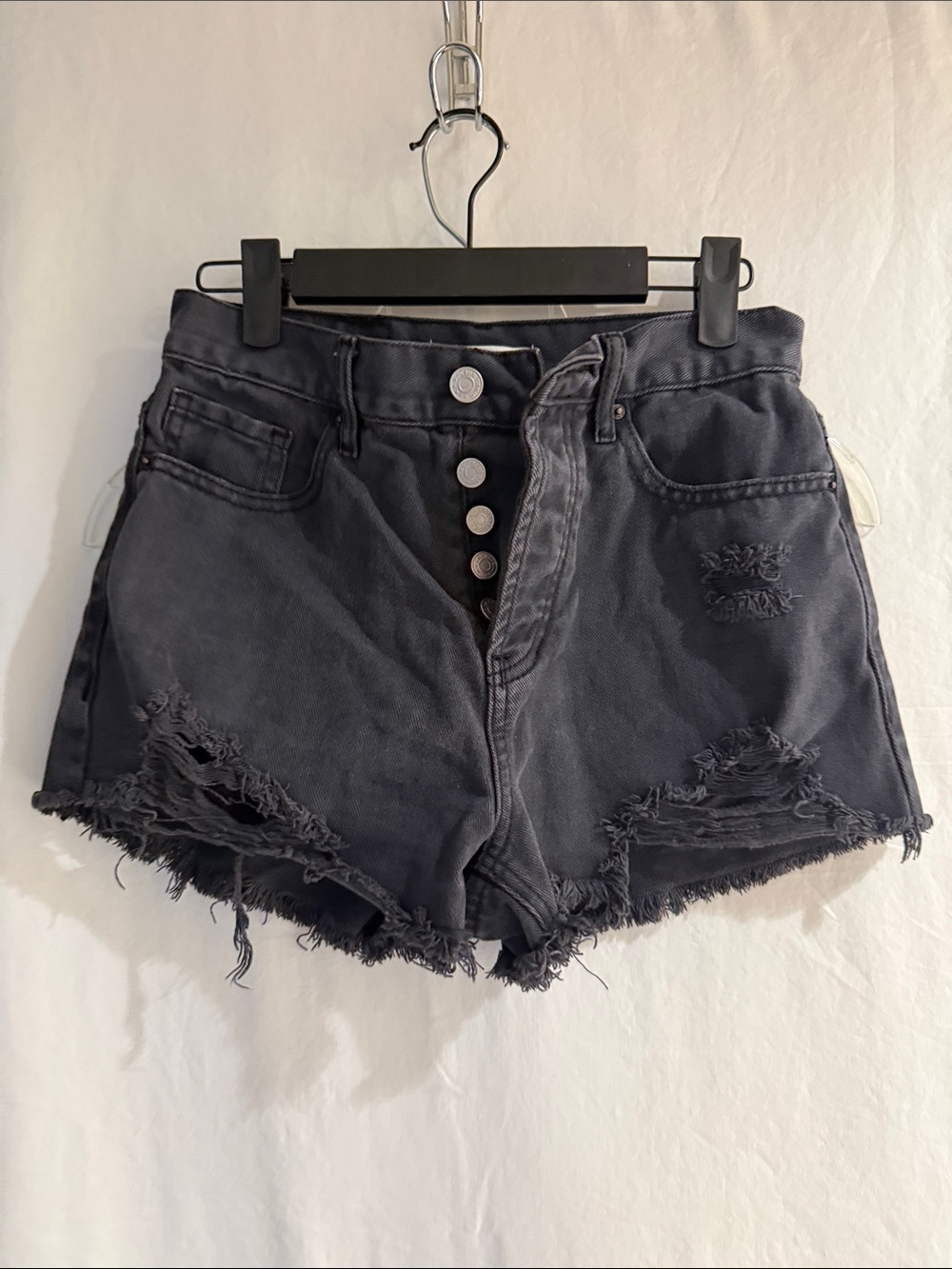 PacSun Washed Black Distressed Vintage High-Rise Button-Fly Jean Shorts. Size 25